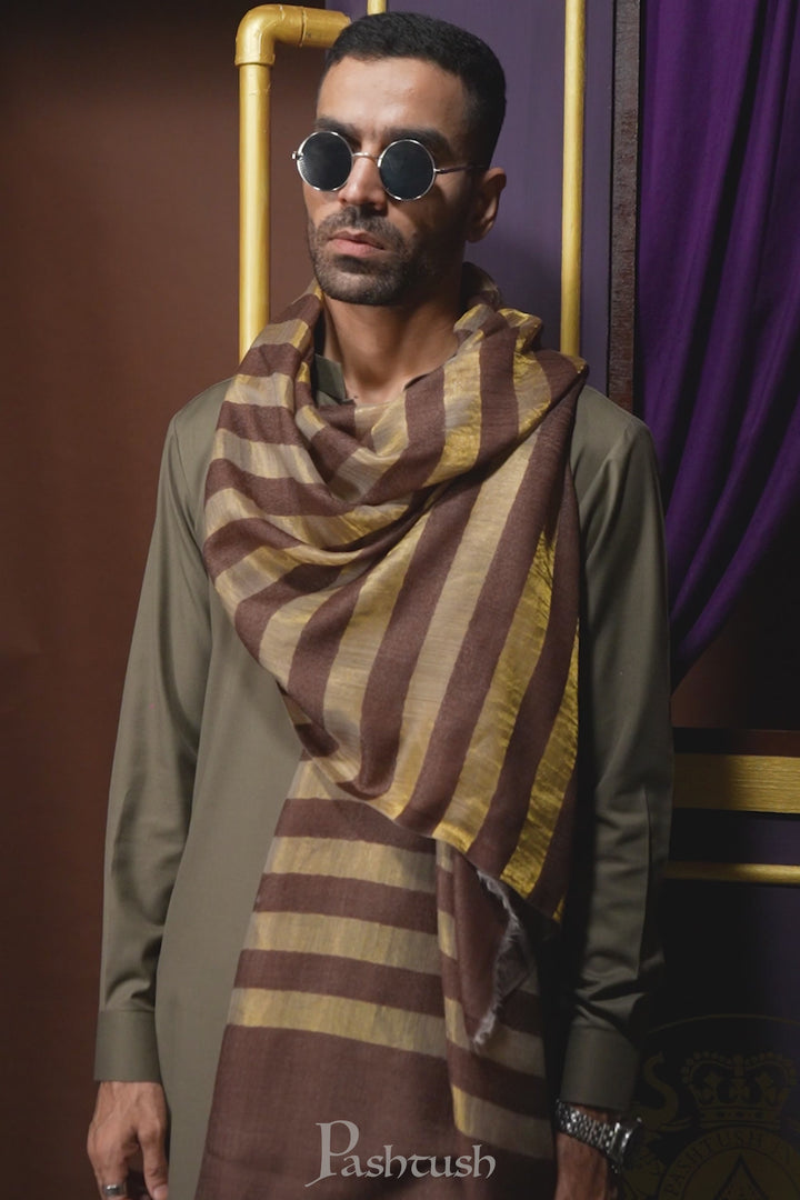 Pashtush Mens Extra Fine Wool  Stole, Twilght Collection Stripe Design, Dark Brown