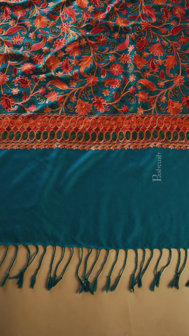 Pashtush womens Faux Pashmina stole, Aari embroidery design, Arabic Sea green
