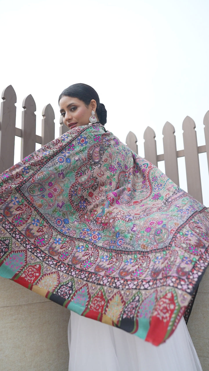 Pashtush Womens Pure Pashmina Shawl, Hand Painted And Embroidered Kalamkari Design, Multicolour