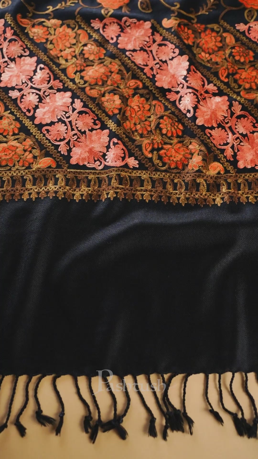Pashtush Womens Fine Wool Stole, Floral Aari Embroidery Design, Black