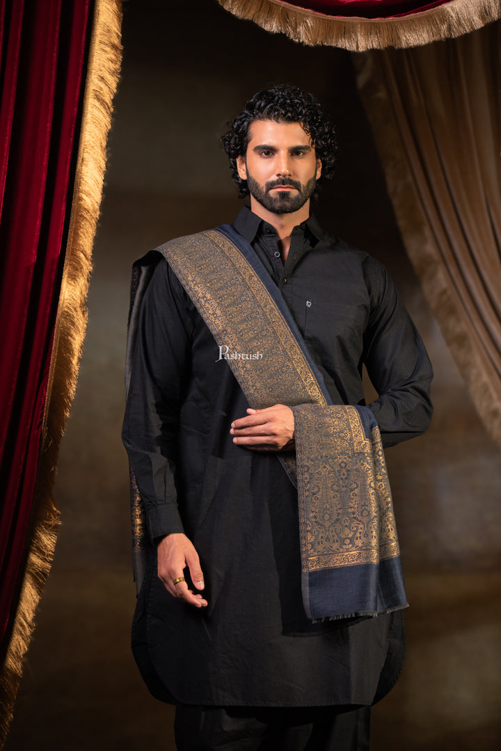 Pashtush Mens Twilight Stole, Zari Design, Navy Blue