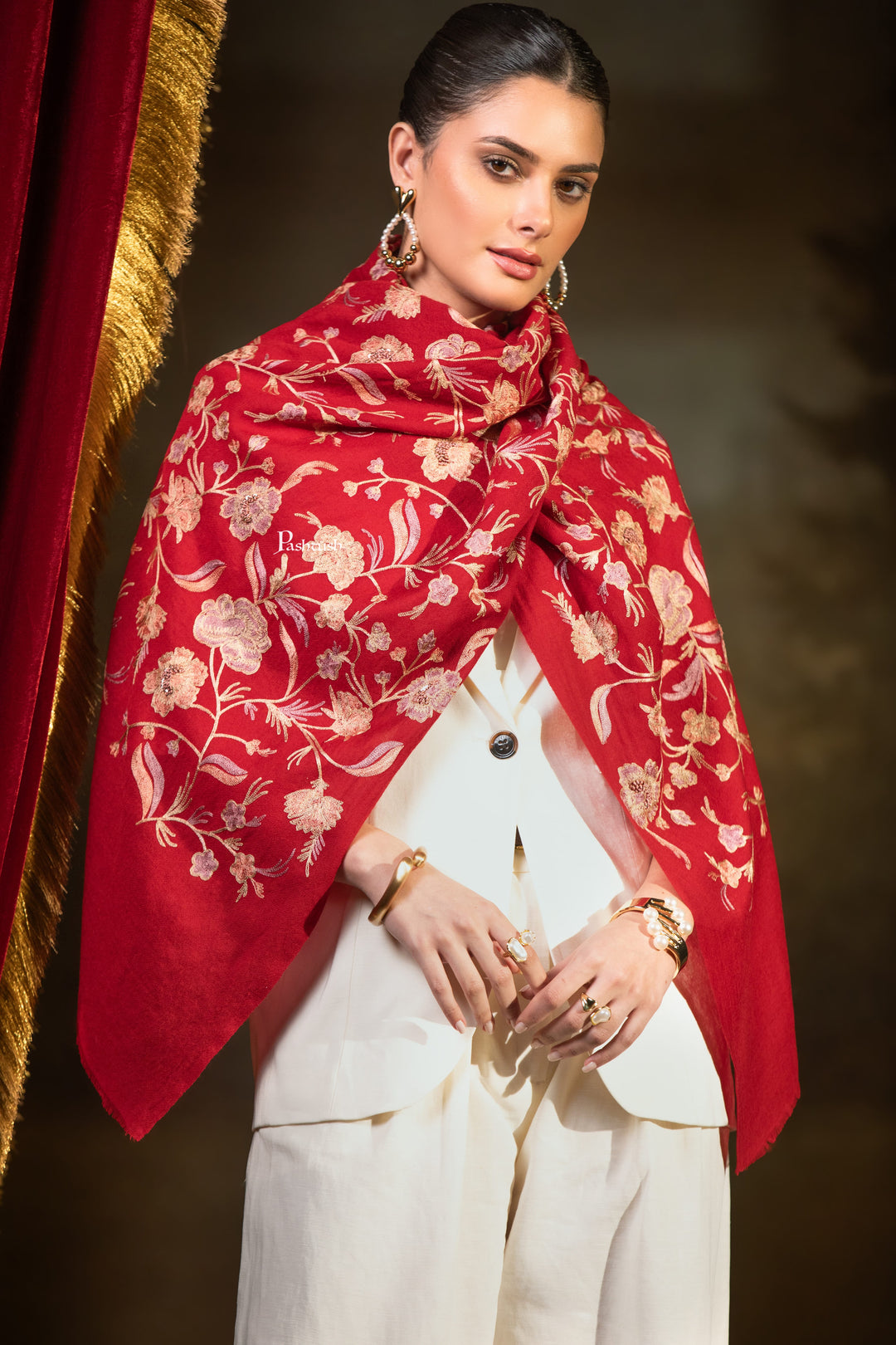 Pashtush Womens Extra Fine Wool Stole, Floral Embroidery Design, Maroon