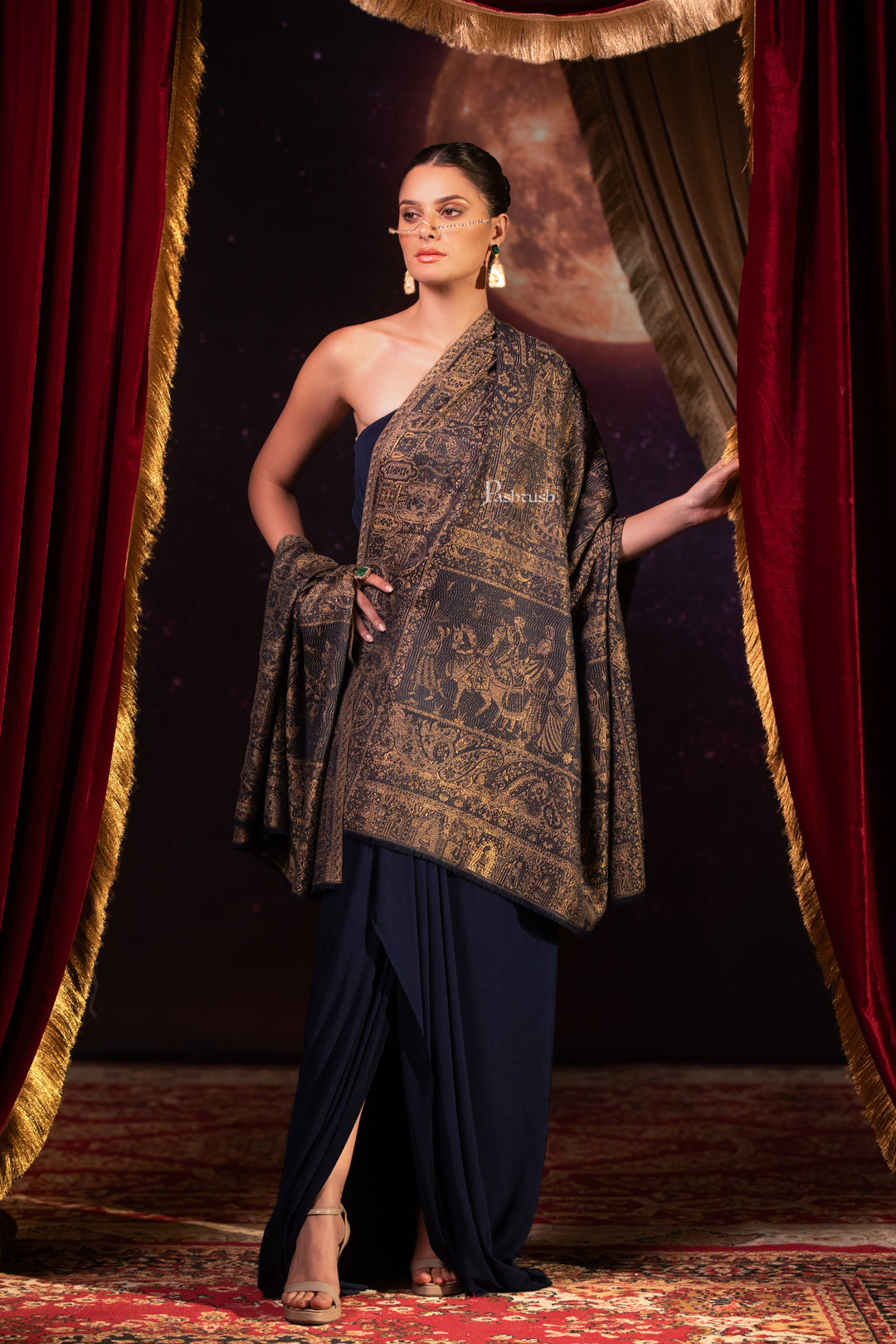 Pashtush Womens Faux Pashmina Shawl, Darbar Design, Navy Blue