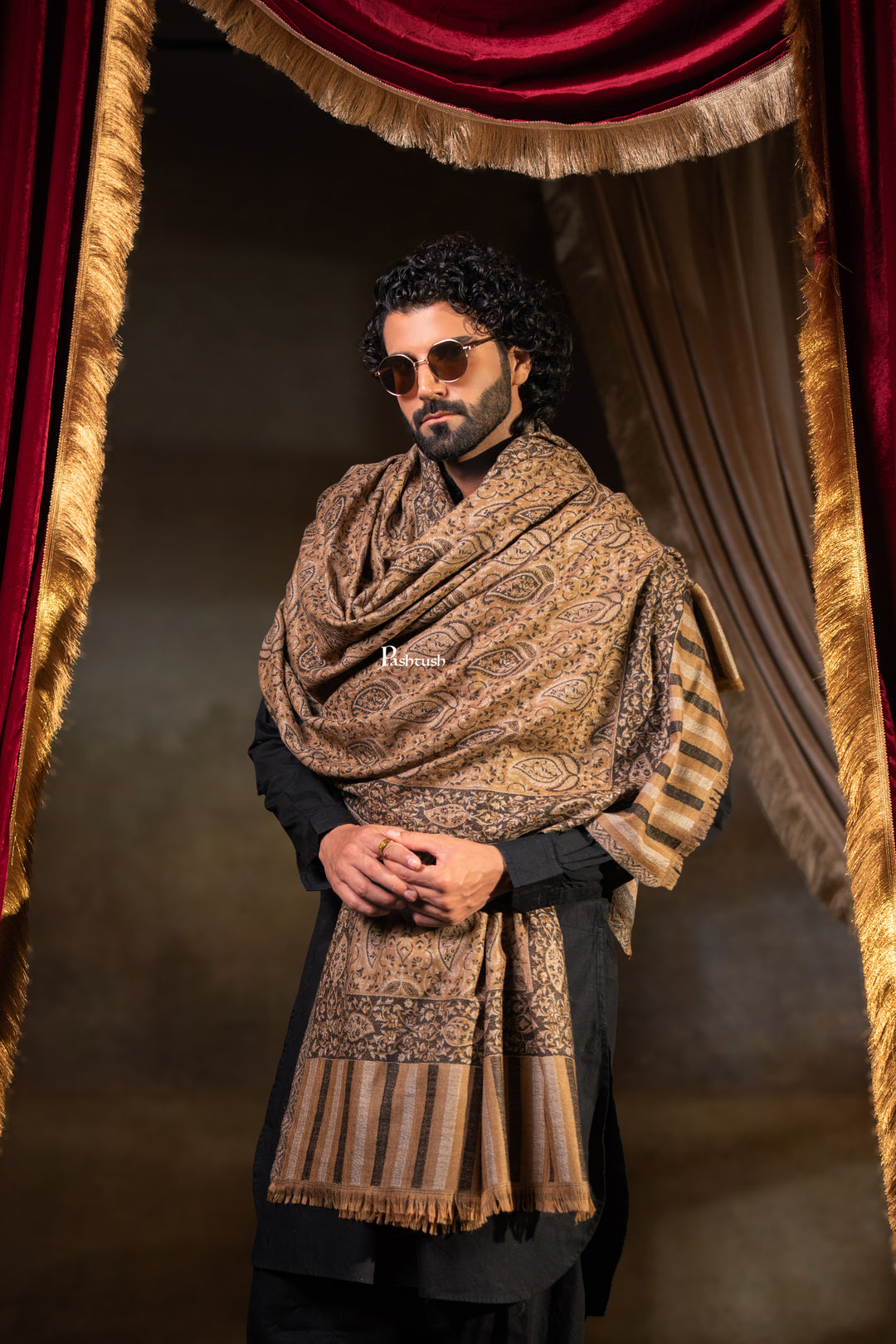Pashtush Mens 100% Pure Wool With Woolmark Certificate Shawl,  Design, Brown