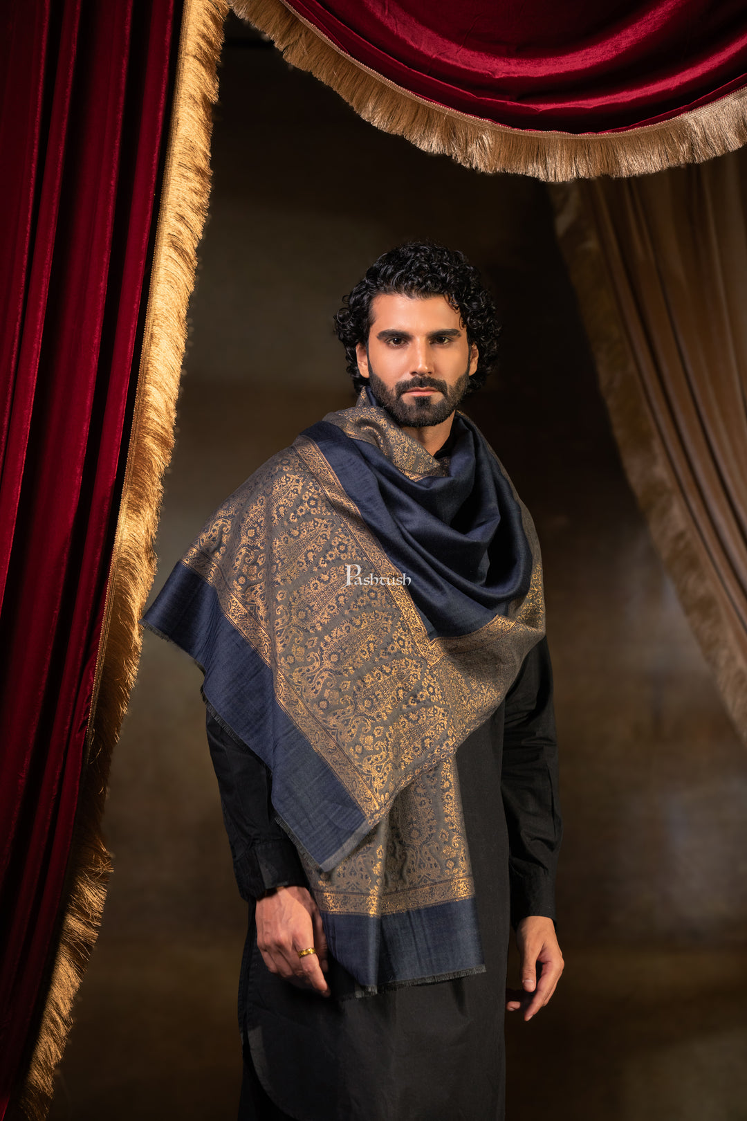 Pashtush Mens Twilight Stole, Zari Design, Navy Blue