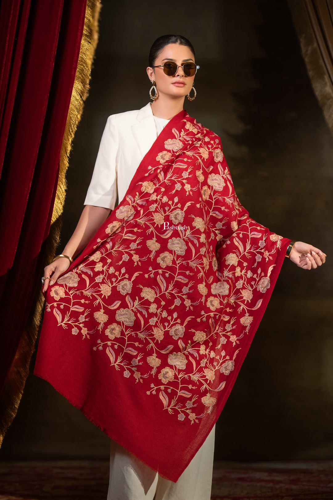 Pashtush Womens Extra Fine Wool Stole, Floral Embroidery Design, Maroon