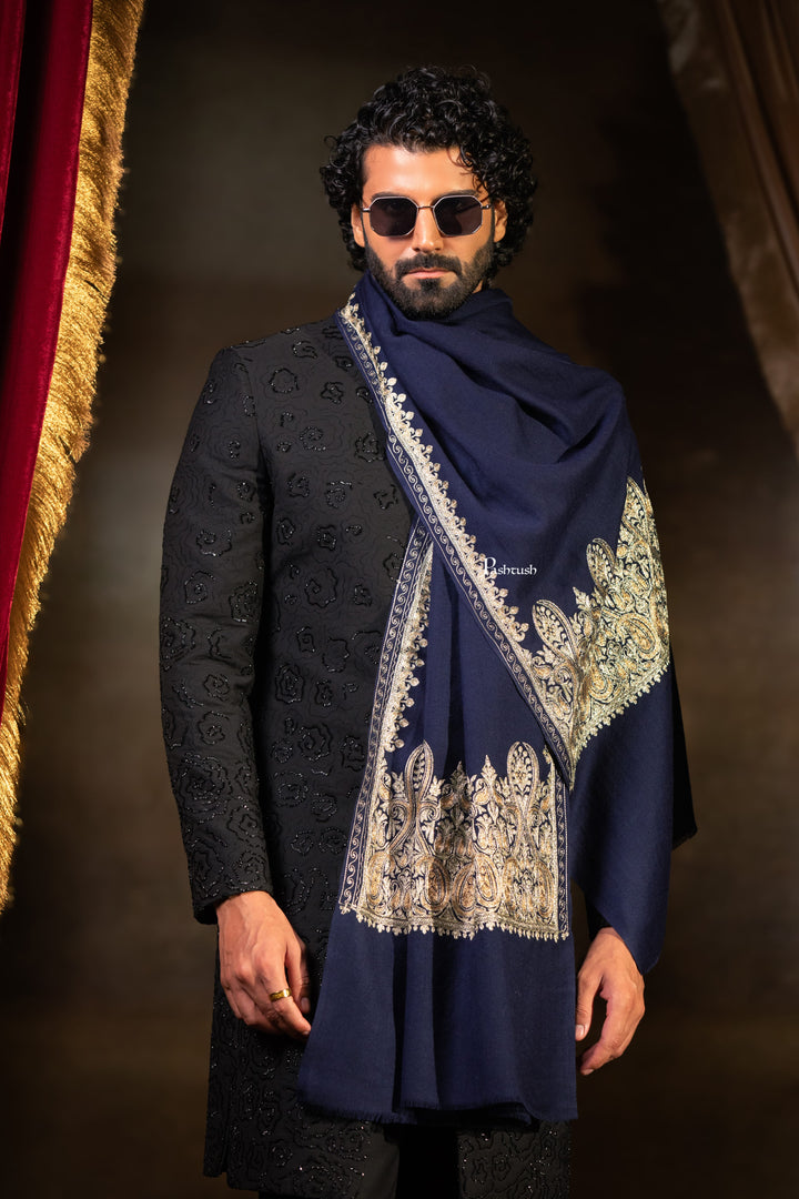 Pashtush Mens Extra Fine Wool Stole, Paisley Design, Navy Blue
