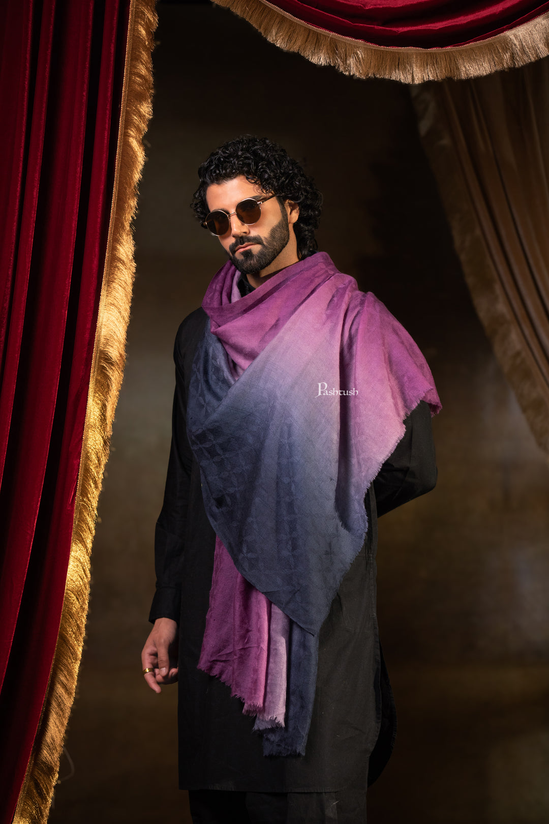 Pashtush Mens Cashmere Stole, Ombre Weave Design, Pink and Navy Blue
