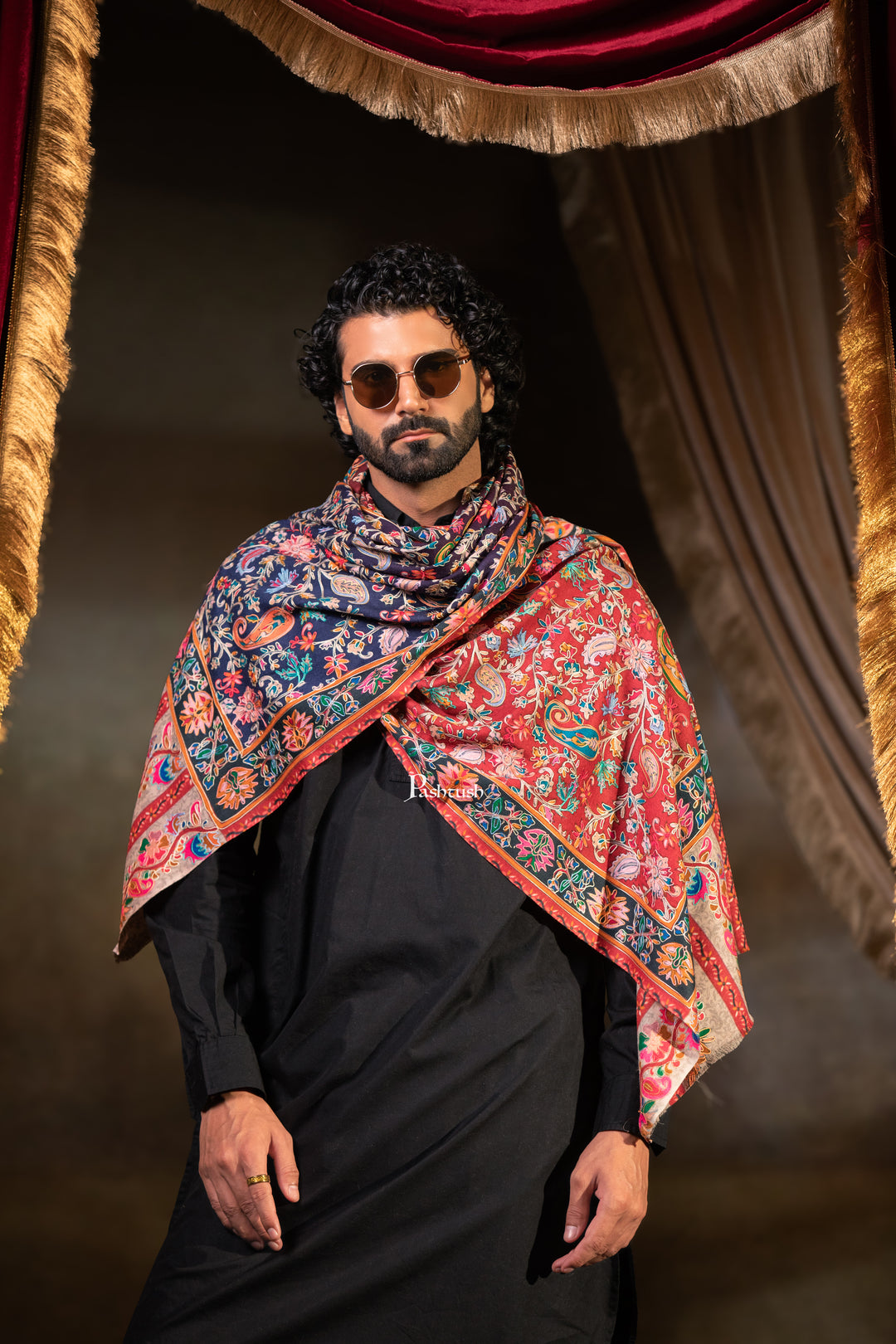Pashtush Mens Extra Fine Wool Stole, Paisley Embroidery Design, Multicolour