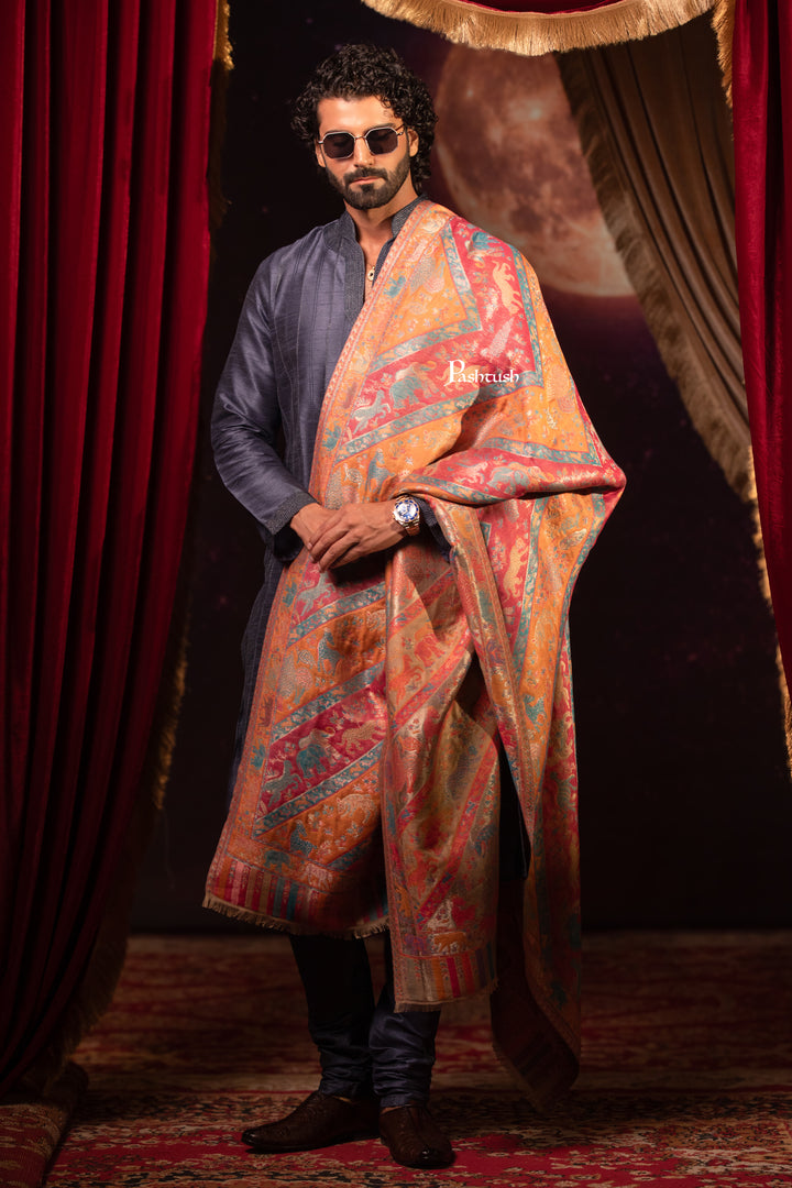 Pashtush Mens Faux Pashmina Shawl, Zari Design, Multicoloured