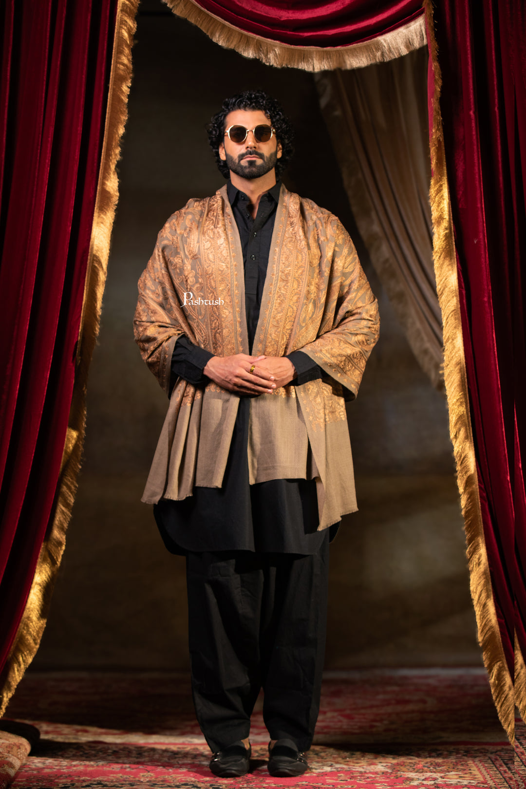 Pashtush Mens Extra Fine Wool Stole, Silk Wool Fine Embroidery, Taupe