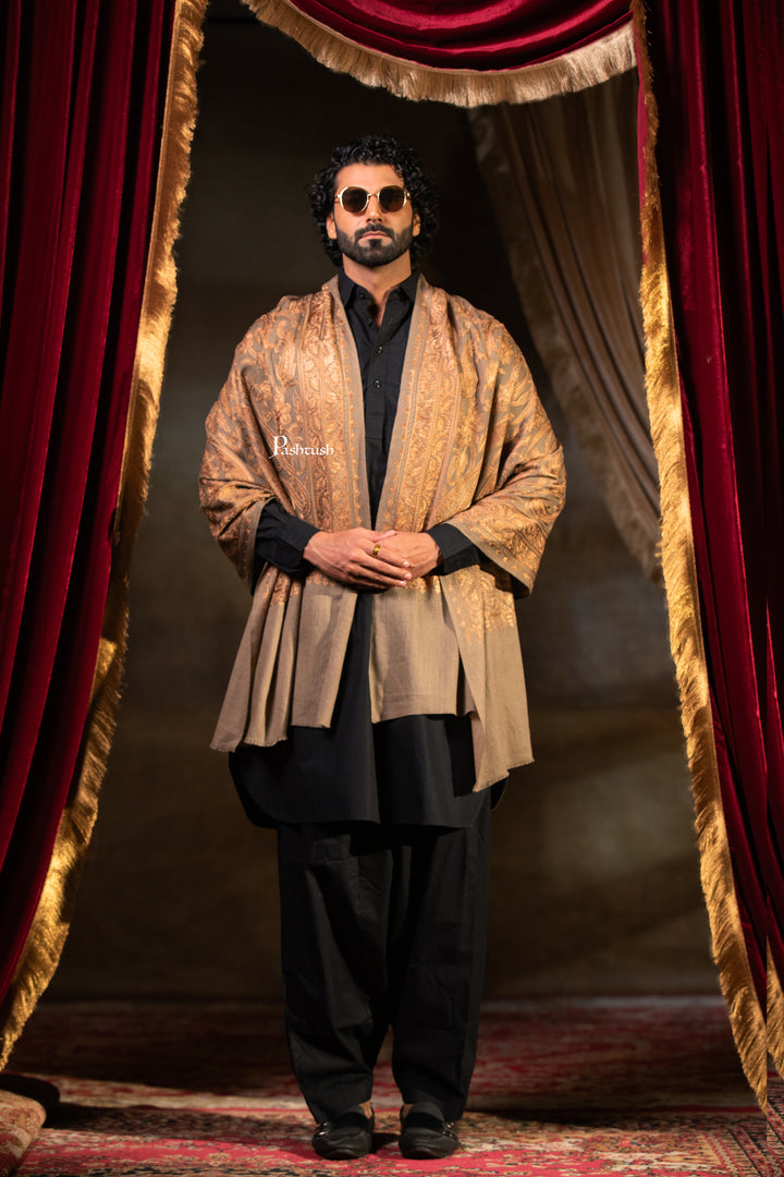 Pashtush Mens Extra Fine Wool Stole, Silk Wool Fine Embroidery, Taupe