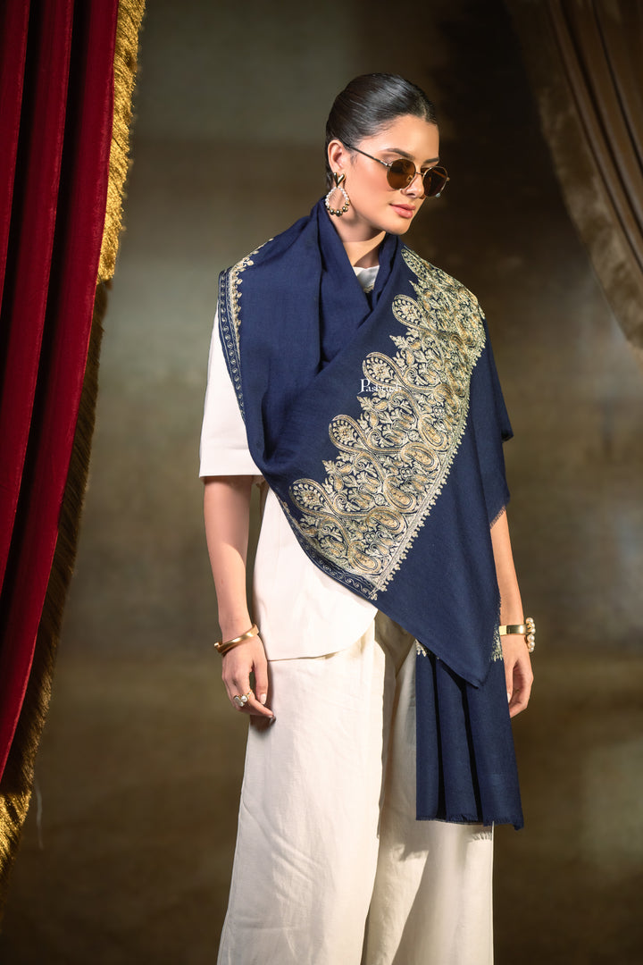 Pashtush Womens Extra Fine Wool Stole, Tilla Embroidery Work, Navy Blue