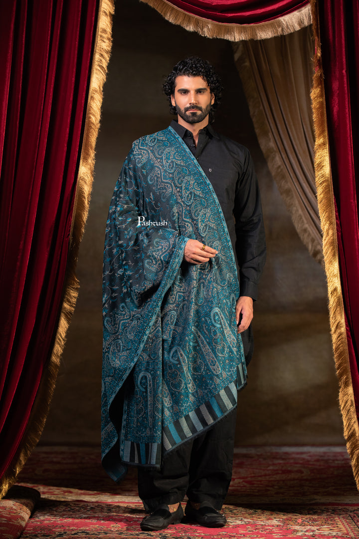 Pashtush Mens Faux Pashmina Stole, Paisley Weave Design, Blue