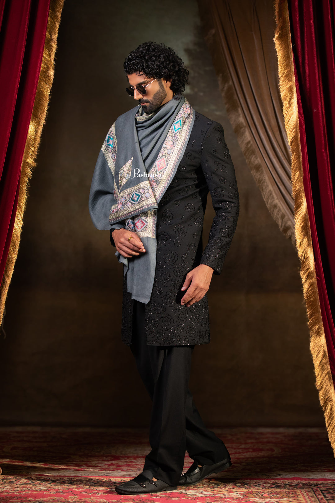 Pashtush Mens Extra Fine Wool Stole, Border Tilla Work, Grey
