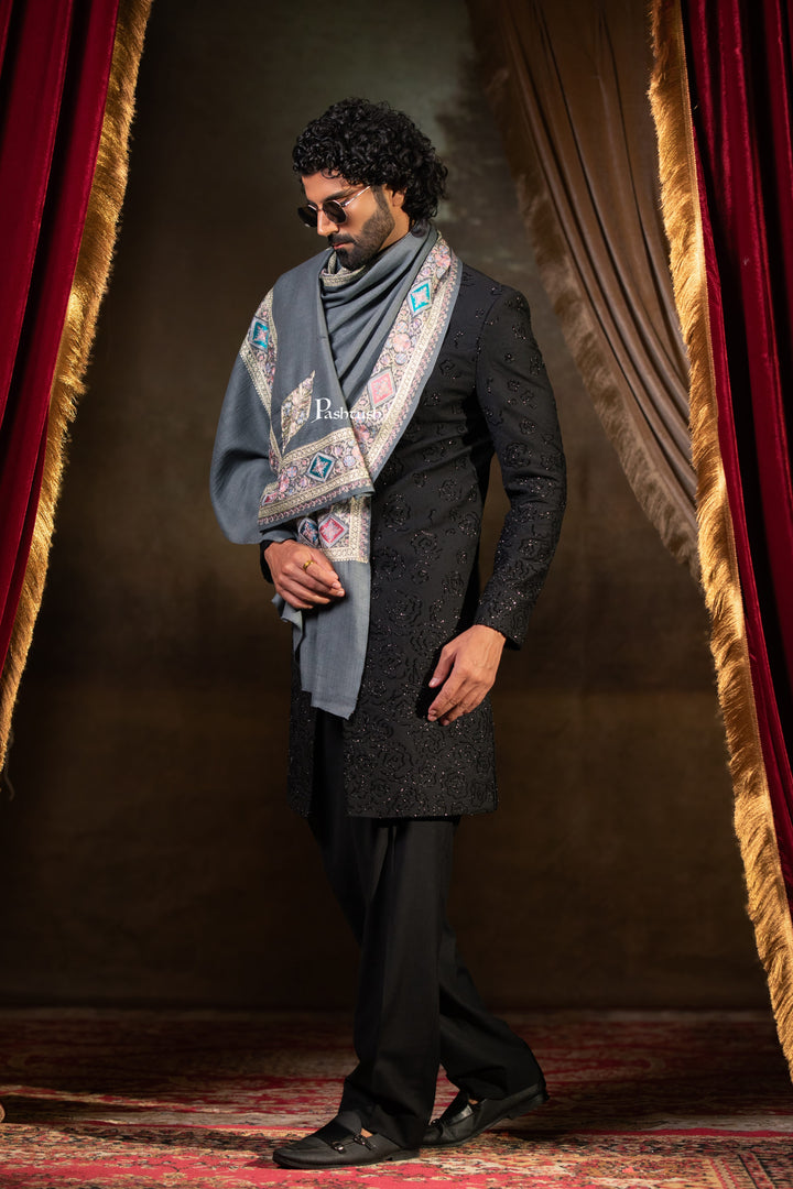 Pashtush Mens Extra Fine Wool Stole, Border Tilla Work, Grey