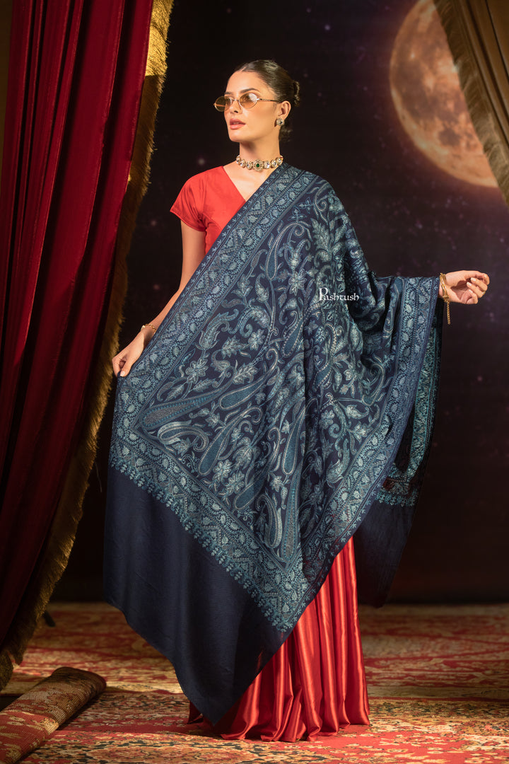 Pashtush Womens Extra Fine Wool Stole, Paisley Design, Navy Blue