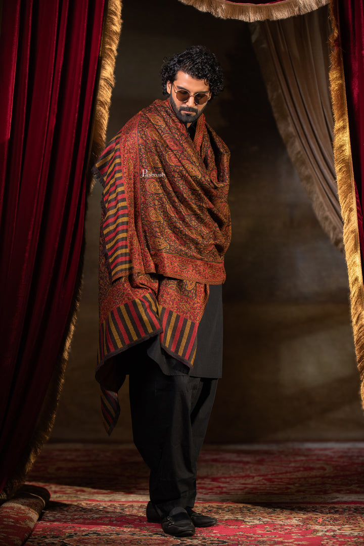Pashtush Mens 100% Pure Wool With Woolmark Certificate Shawl, Paisley Design, Espresso Brown
