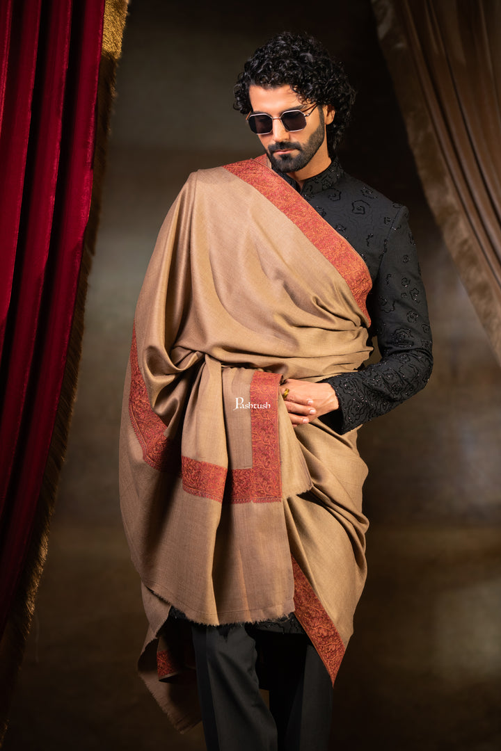 Pashtush Mens Fine Wool Shawl, Border Design with Tilla Embroidery, Taupe