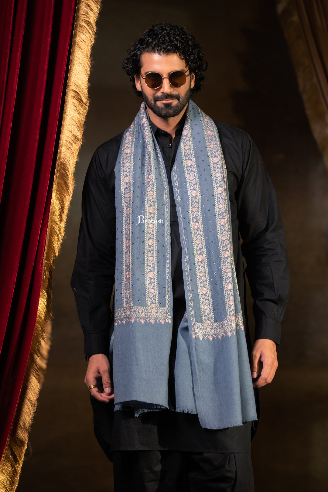 Pashtush Mens Stole, Silk Wool Fine Embroidery, Grey