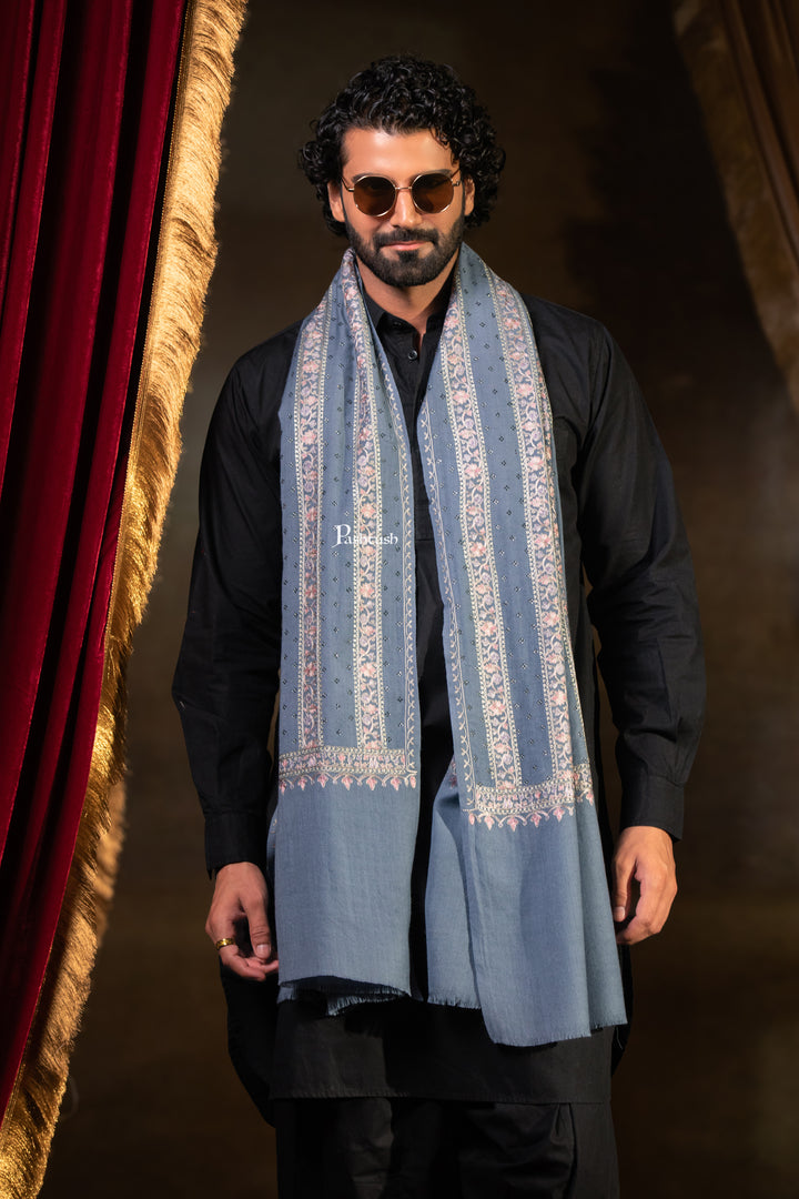 Pashtush Mens Stole, Silk Wool Fine Embroidery, Grey