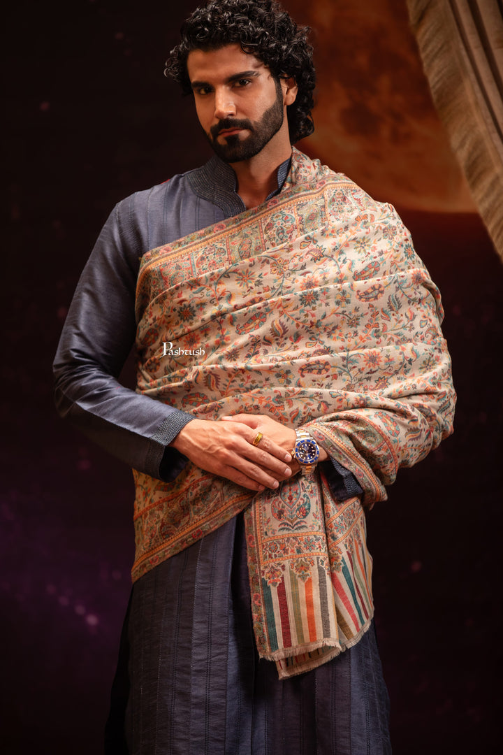 Pashtush Mens Extra Fine Wool Shawl, Ethnic Weave Design, Beige
