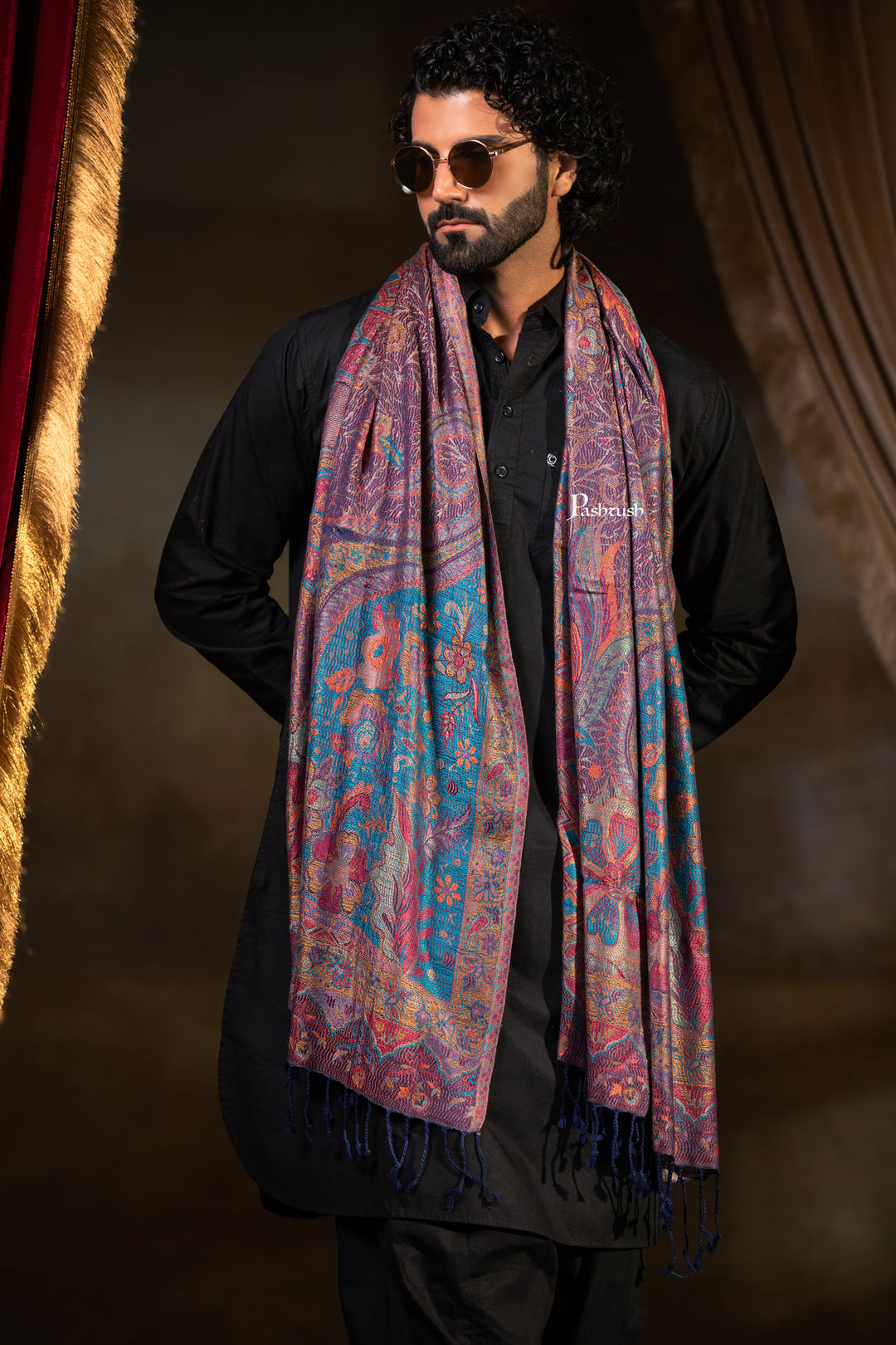 Pashtush Mens Faux Pashmina Stole, Paisley Weave Design, Blue