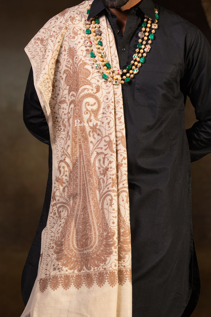 Pashtush Mens Extra Fine Wool Shawl, Tone Tone Embrodiery Design, Beige