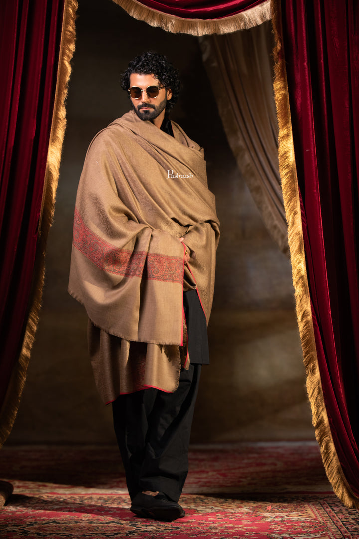 Pashtush Mens Extra Fine Wool Shawl, Ambi Border Design, Taupe
