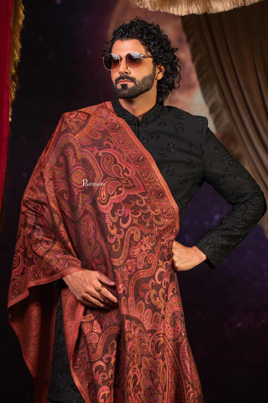 Pashtush Mens Faux Pashmina Stole, Paisley Weave Design, Espresso Brown