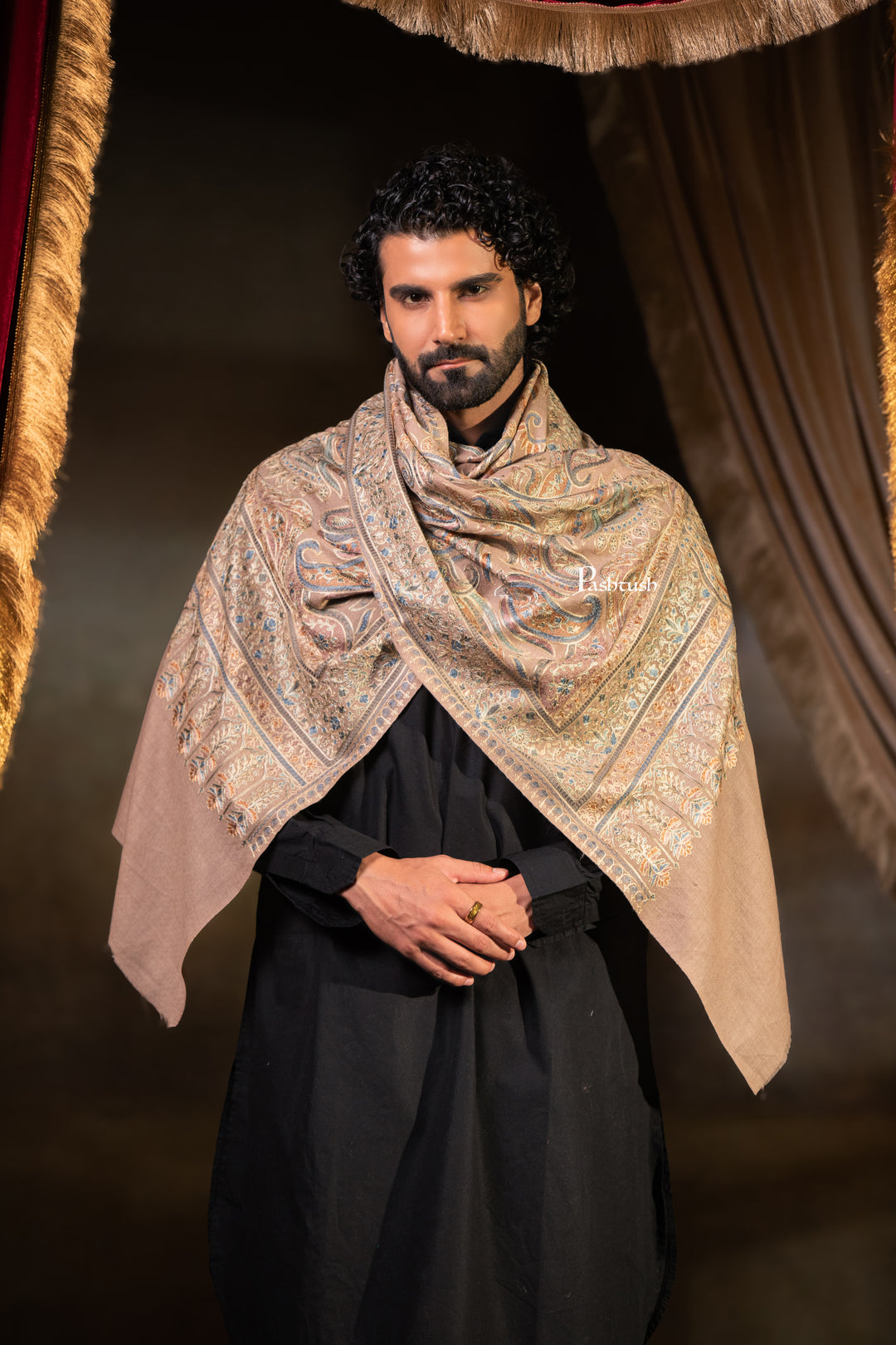 Pashtush Mens Extra Fine Wool Stole, Silk Wool Fine Embroidery, Taupe