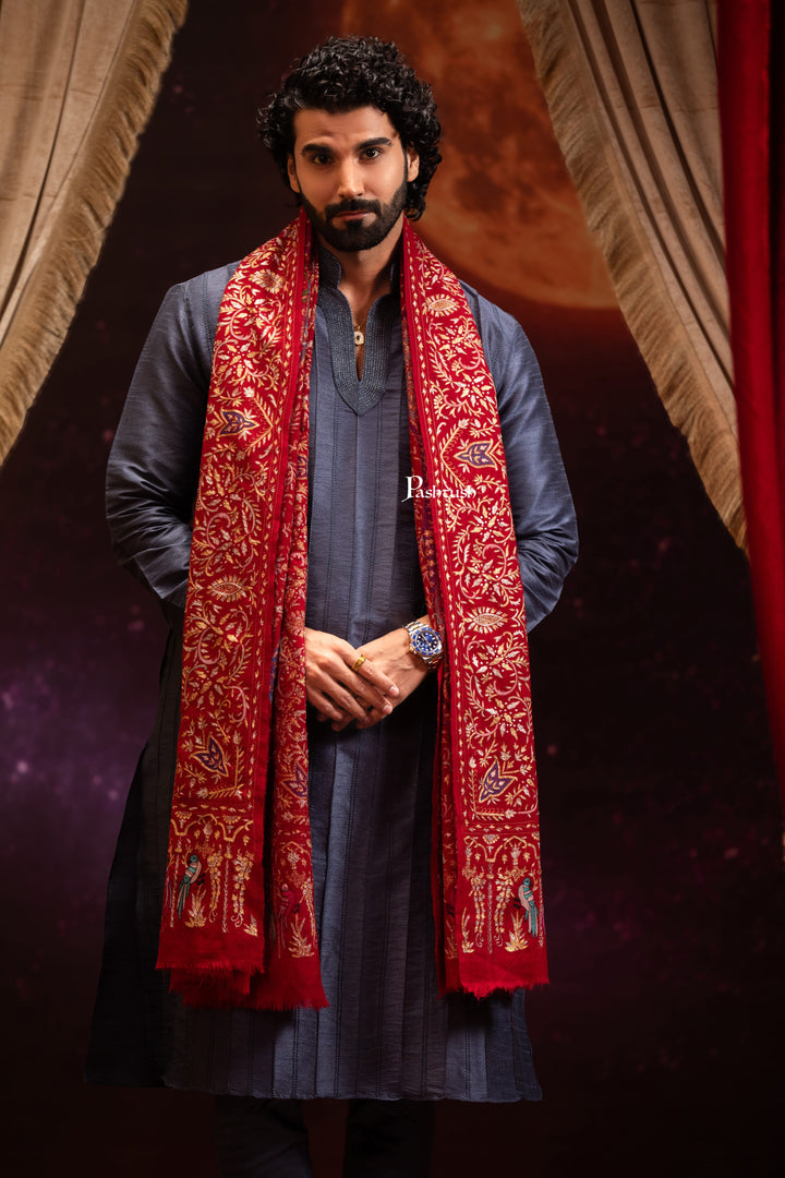 Pashtush Men's Pashmina Stole, Kashmiri Tilla Work, Handloom, Maroon