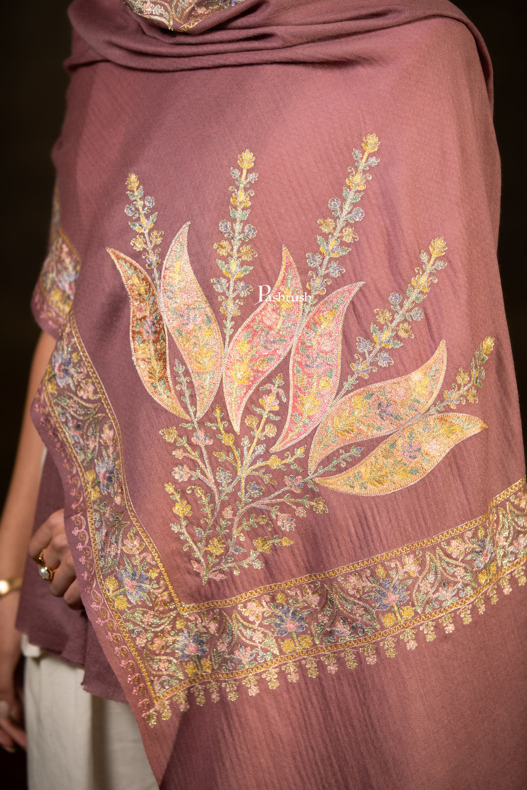 Pashtush Womens Extra Fine Wool Stole, Floral Embroidery Design, Peel Lilac