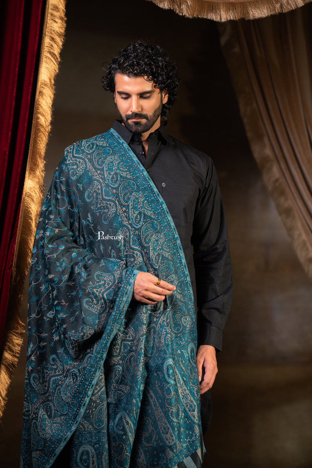 Pashtush Mens Faux Pashmina Stole, Paisley Weave Design, Blue