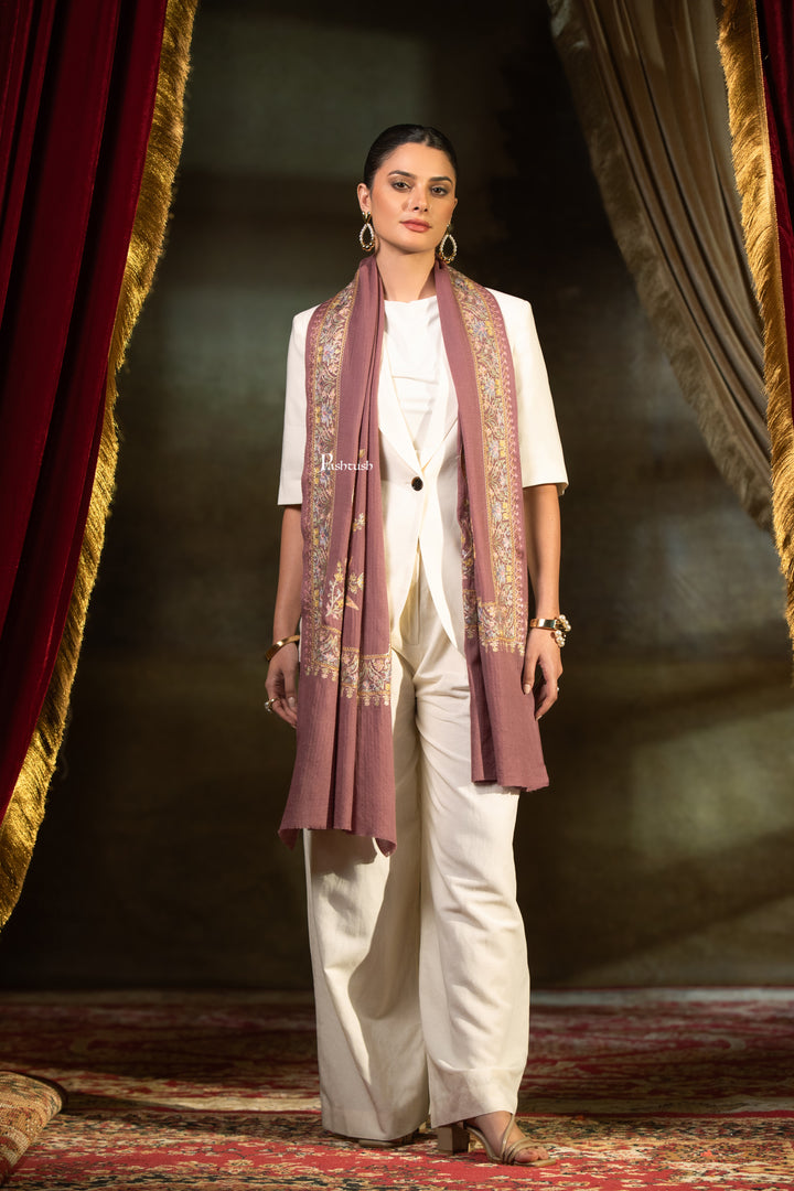 Pashtush Womens Extra Fine Wool Stole, Floral Embroidery Design, Peel Lilac