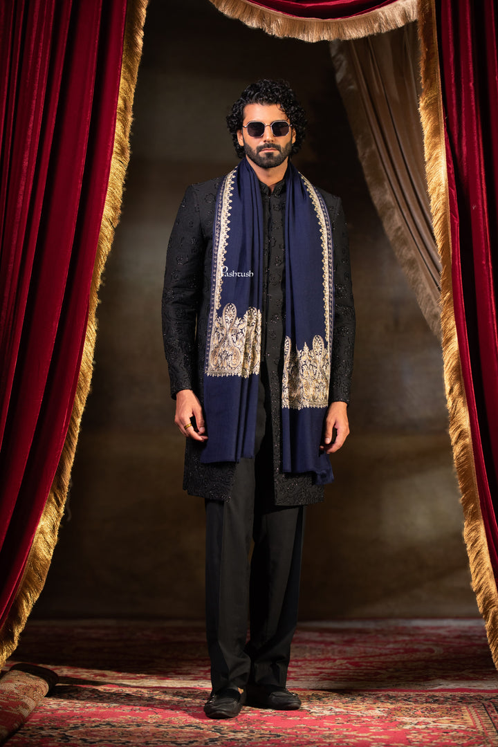 Pashtush Mens Extra Fine Wool Stole, Paisley Design, Navy Blue