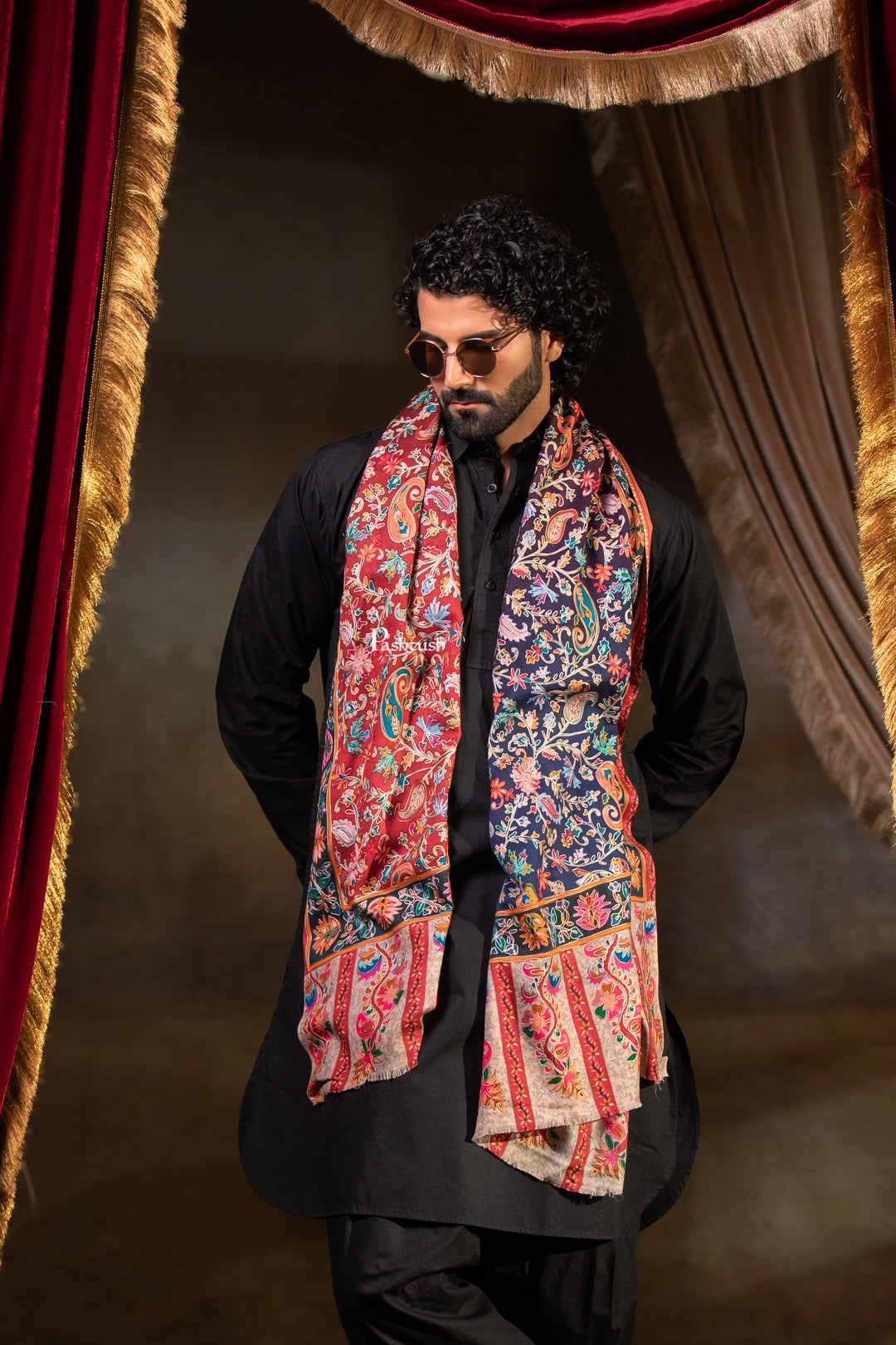 Pashtush Mens Extra Fine Wool Stole, Paisley Embroidery Design, Multicolour