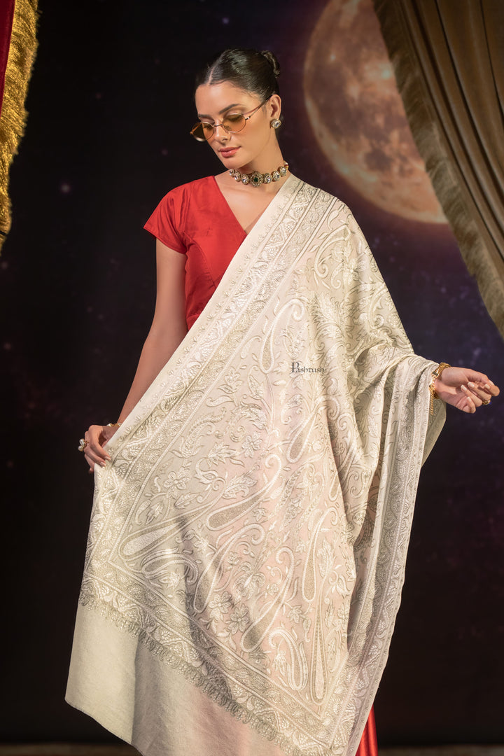 Pashtush Womens Extra Fine Wool Stole, Paisley Embroidery Design, Ivory