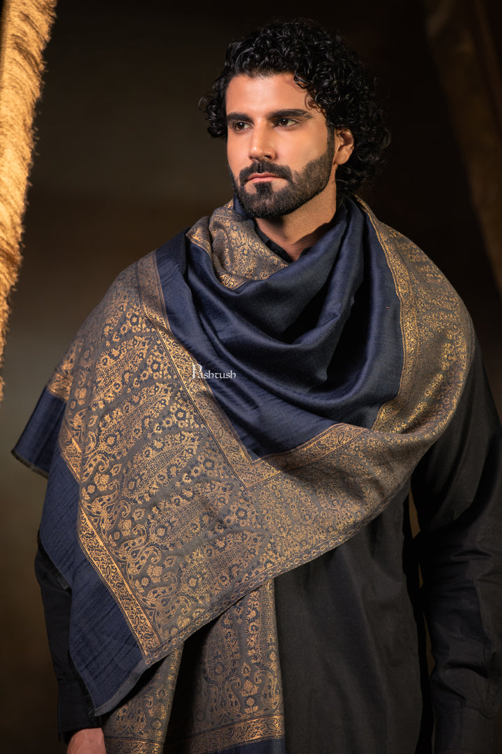 Pashtush Mens Twilight Stole, Zari Design, Navy Blue