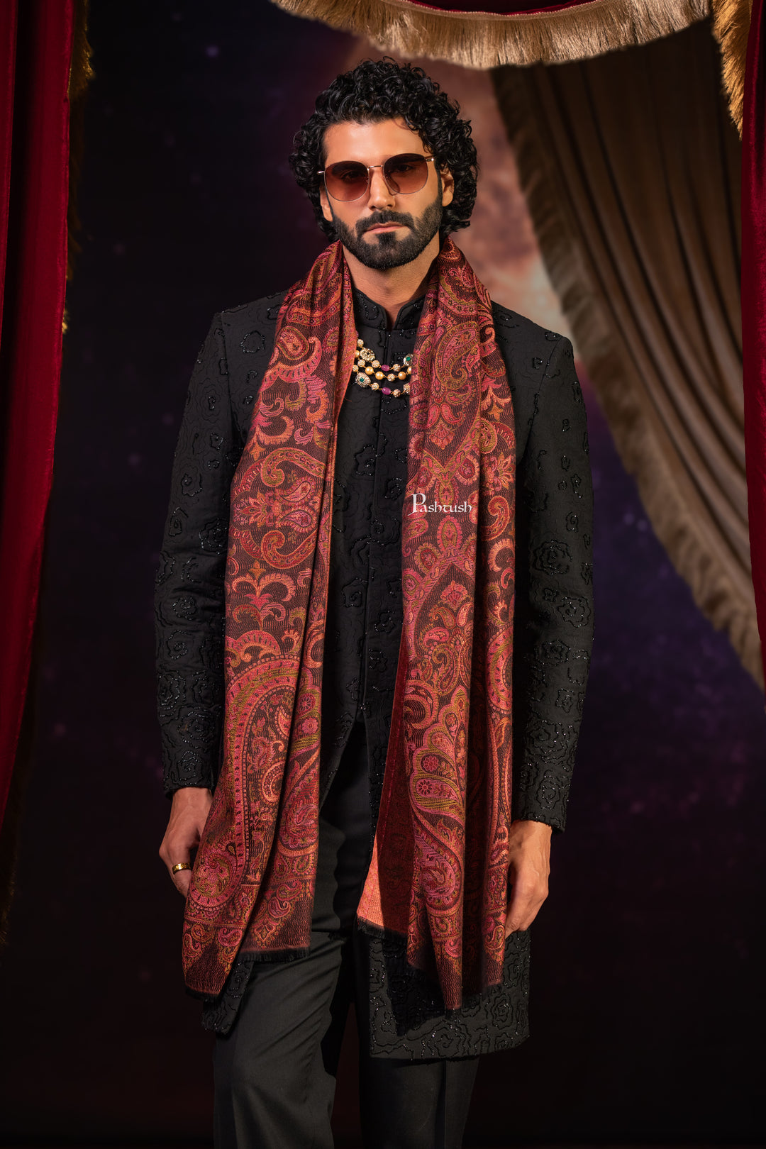 Pashtush Mens Faux Pashmina Stole, Paisley Weave Design, Espresso Brown