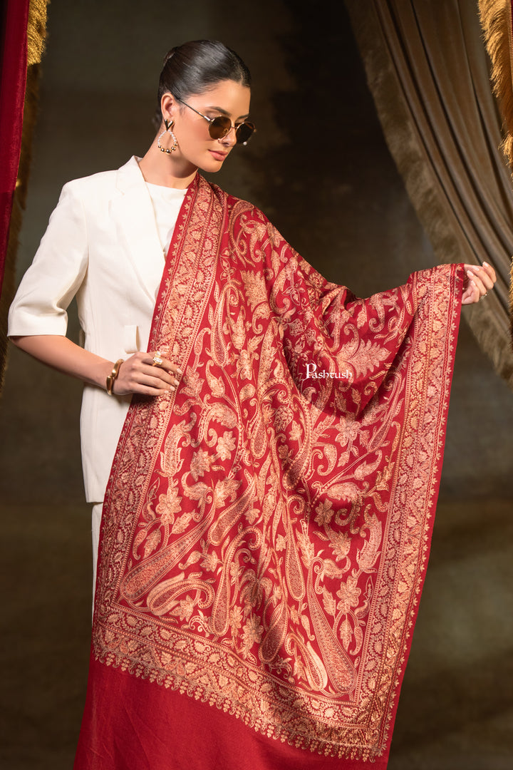 Pashtush Womens Extra Fine Wool Stole, Paisley Embroidery Design, Maroon