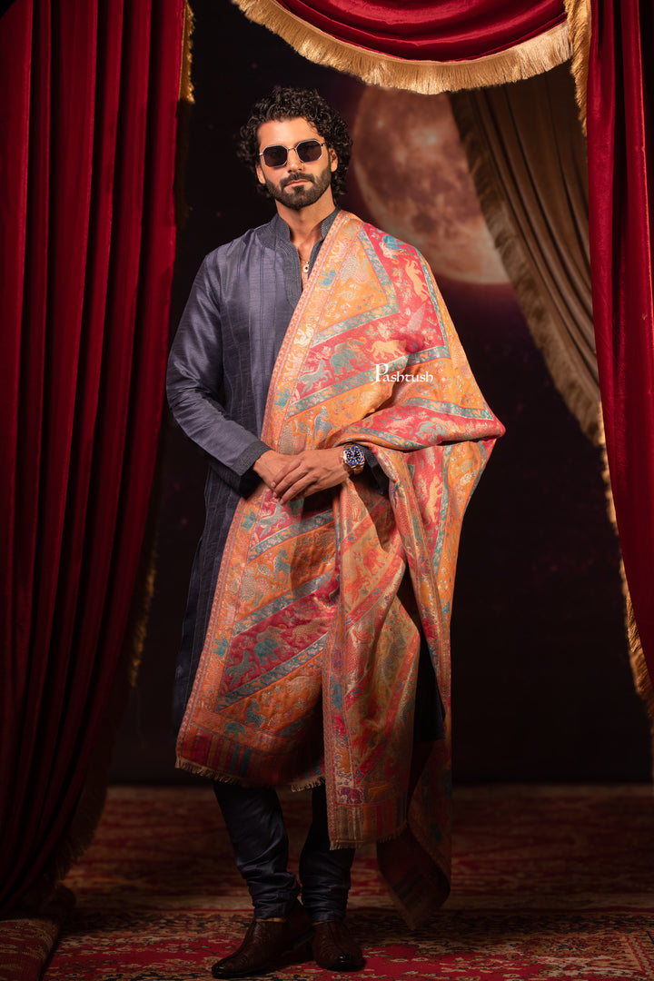 Pashtush Mens Faux Pashmina Shawl, Zari Design, Multicoloured