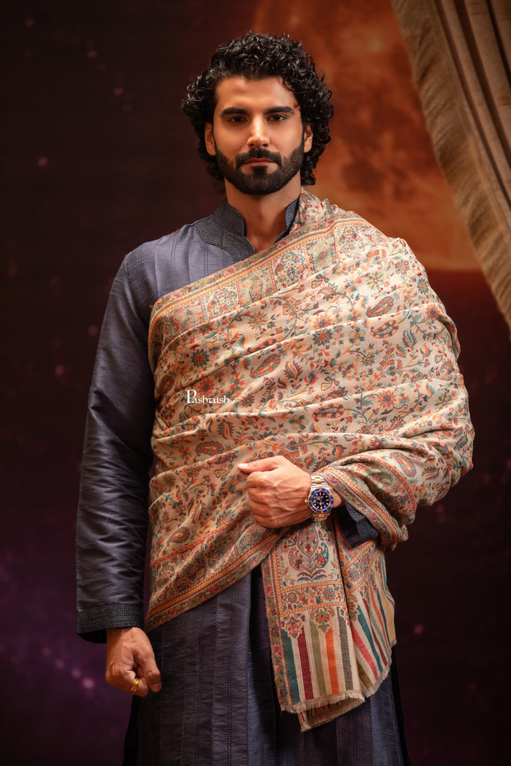 Pashtush Mens Extra Fine Wool Shawl, Ethnic Weave Design, Beige