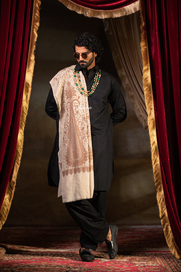 Pashtush Mens Extra Fine Wool Shawl, Tone Tone Embrodiery Design, Beige