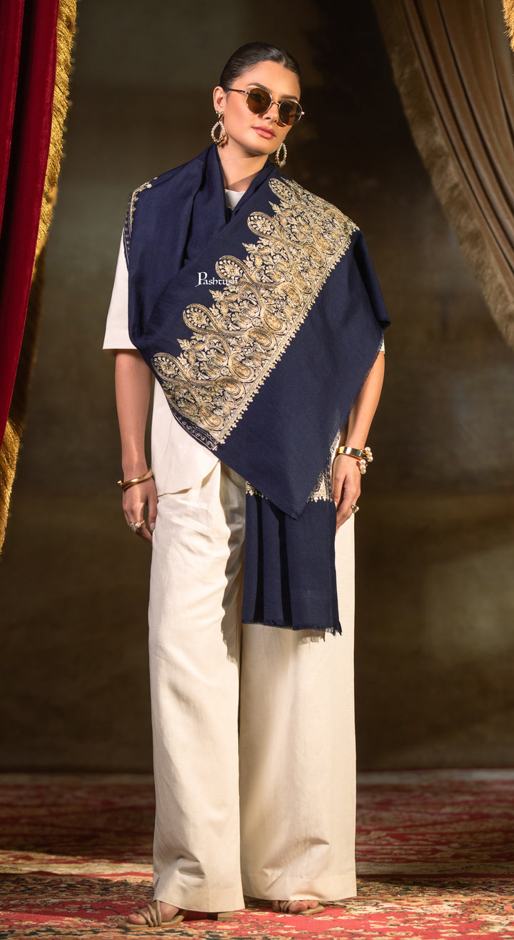 Pashtush Womens Extra Fine Wool Stole, Tilla Embroidery Work, Navy Blue