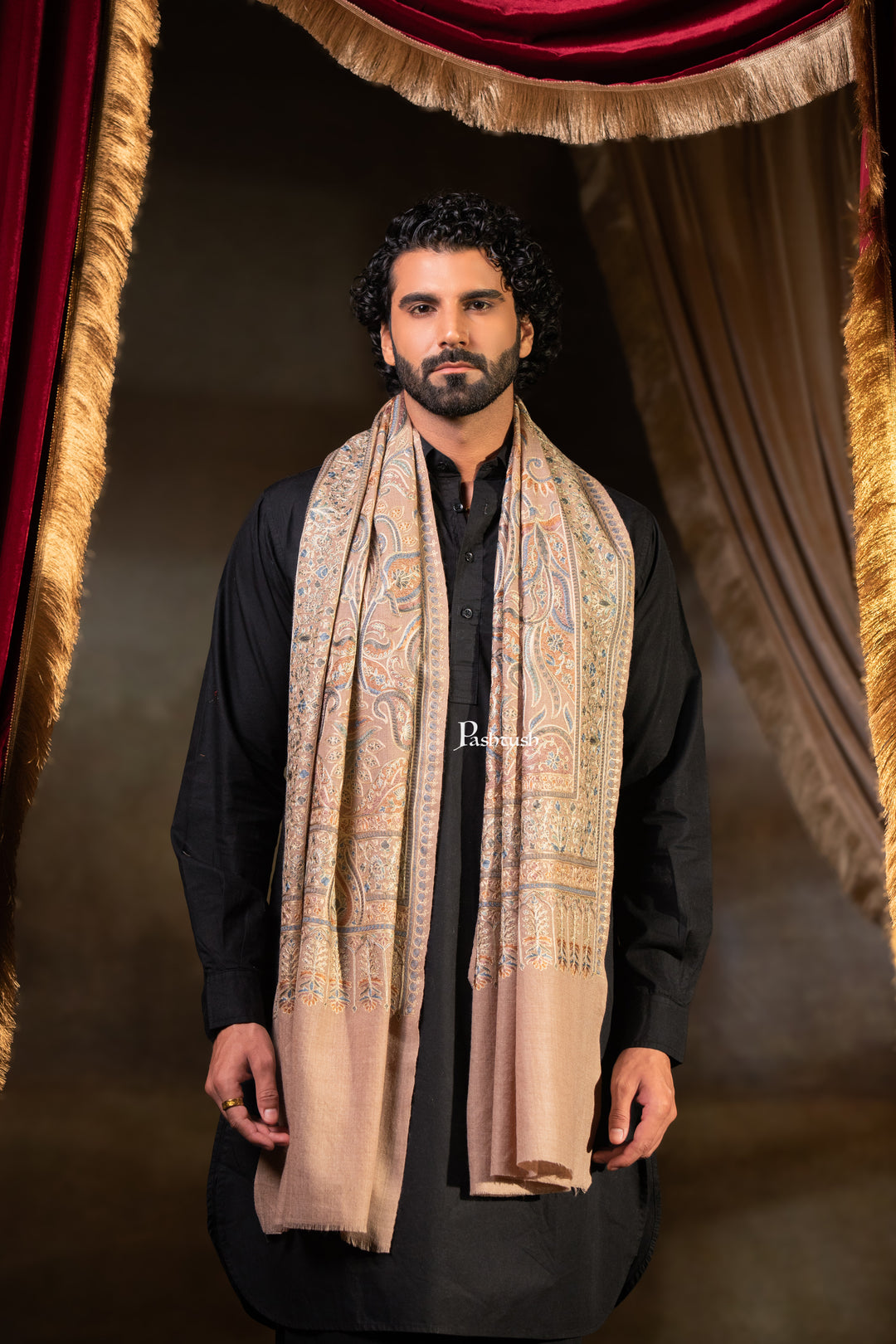 Pashtush Mens Extra Fine Wool Stole, Silk Wool Fine Embroidery, Taupe