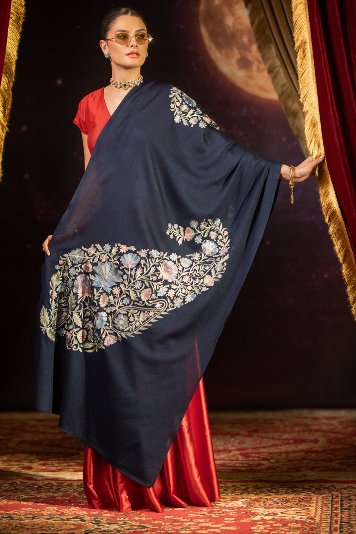 Pashtush Womens Extra Fine Wool Stole, Nalki Embroidery Design, Navy Blue