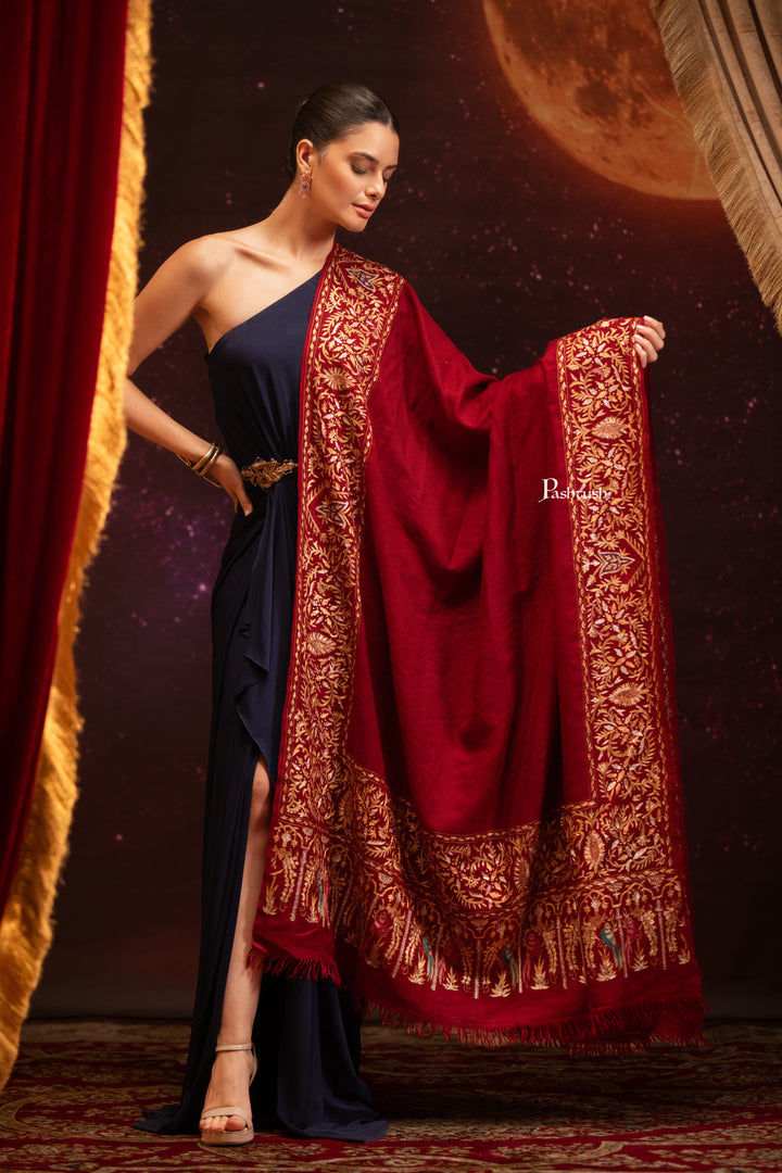 Pashtush Womens Pashmina Stole, Kashmiri Tilla Work, Handloom, Maroon