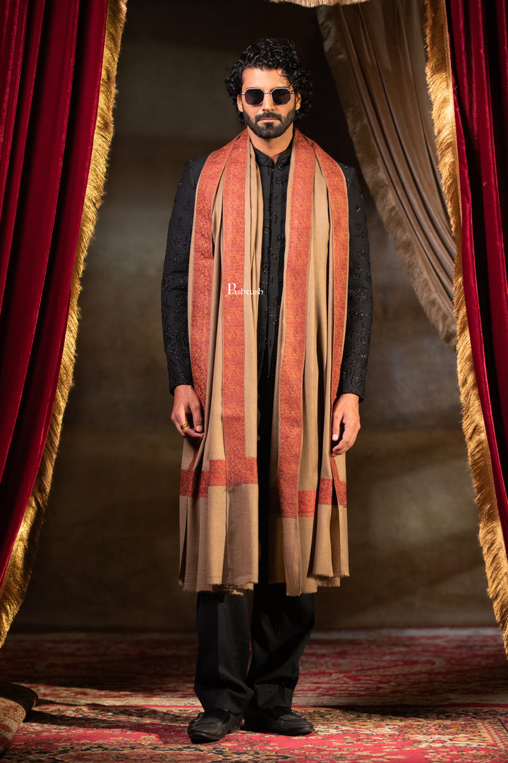 Pashtush Mens Fine Wool Shawl, Border Design with Tilla Embroidery, Taupe