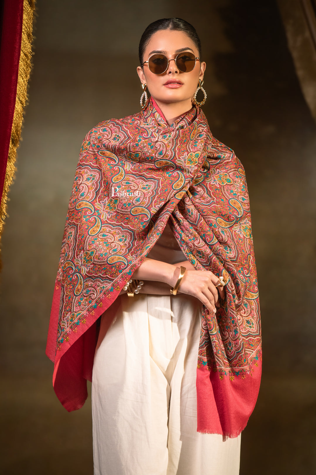 Pashtush Womens Extra Fine Wool Shawl, Paisley Embroidery Design, Dark Pink